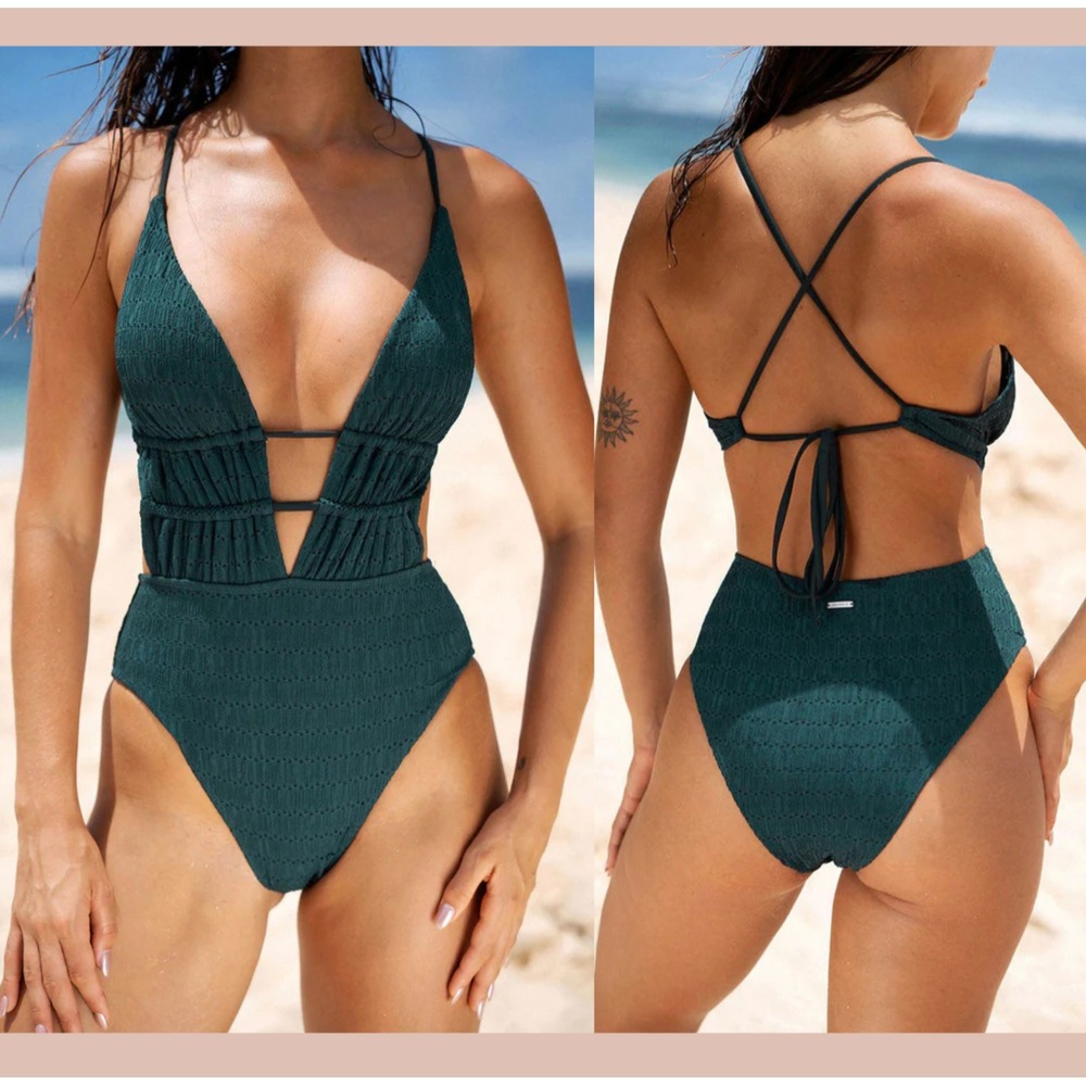 NEW $55 Berlook [ Medium ] Dark Green Textured Plunge‎ One-Piece Swimsuit #7078